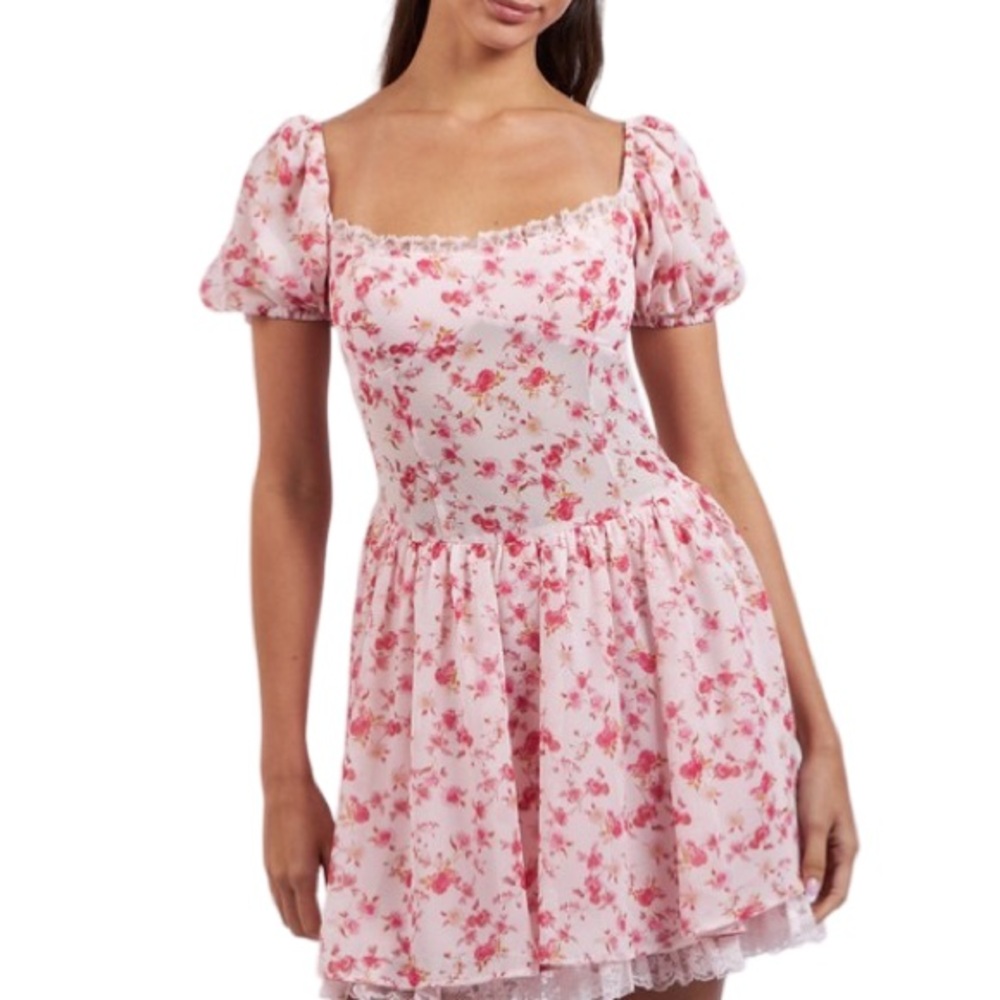 NWT Sky to Moon Short Sleeve Drop Waist Mini Dress Floral Pink Puff Sleeve